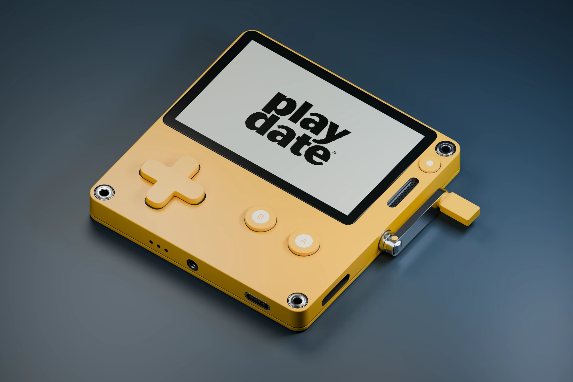 Studio product visualization of the yellow Playdate handheld console